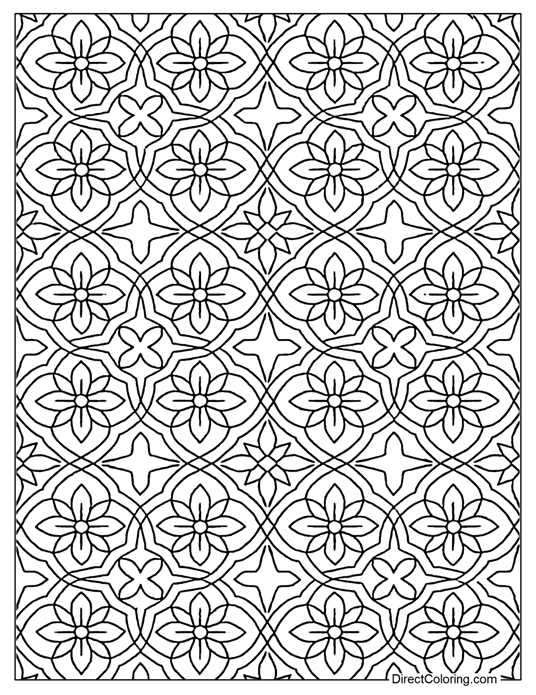 Coloring page of detailed repeating blue, yellow and white mosaic tile pattern.